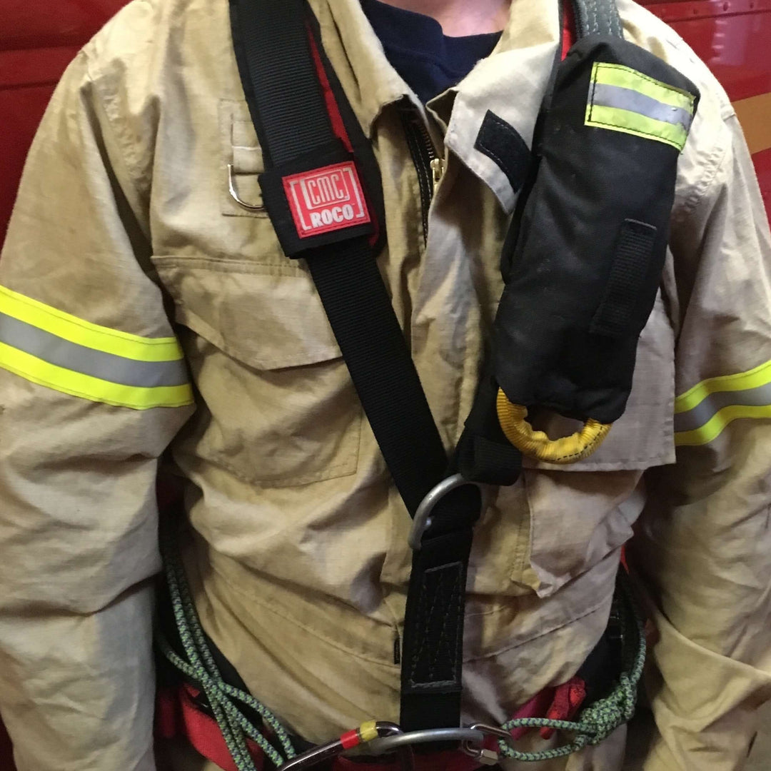 Fireman wearing Anderson Rescue Solutions fire and rescue rapid deployment bag on chest