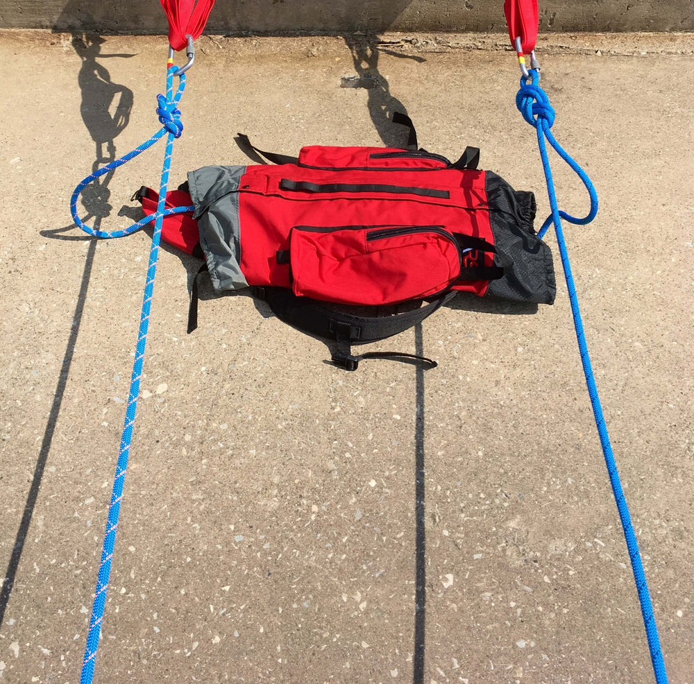 blue sterling rope set up with red breakout rope bag